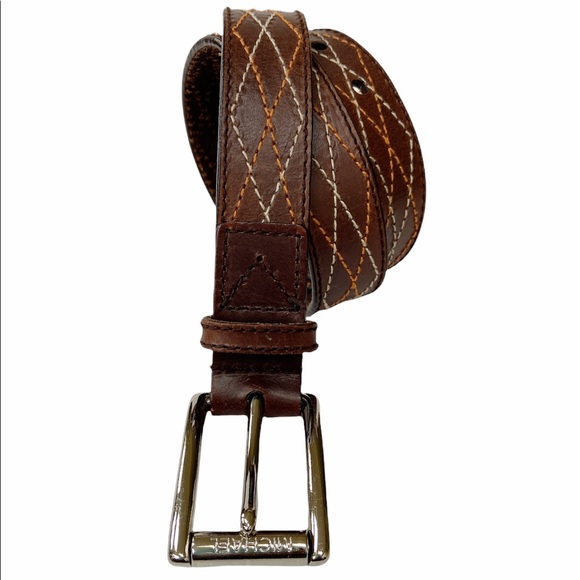 Michael Kors Brown Leather Belt with Orange and Ivory Stitching Size Medium - Picture 2 of 7